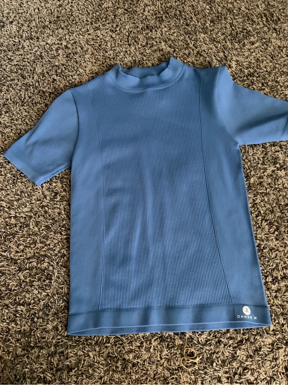 Danskin Blue Ribbed Short-Sleeve Mock Neck Top